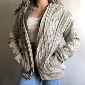 Vtg 90s Oatmeal Cable Knit Full Zip Up Hoodie M- L- "XL"